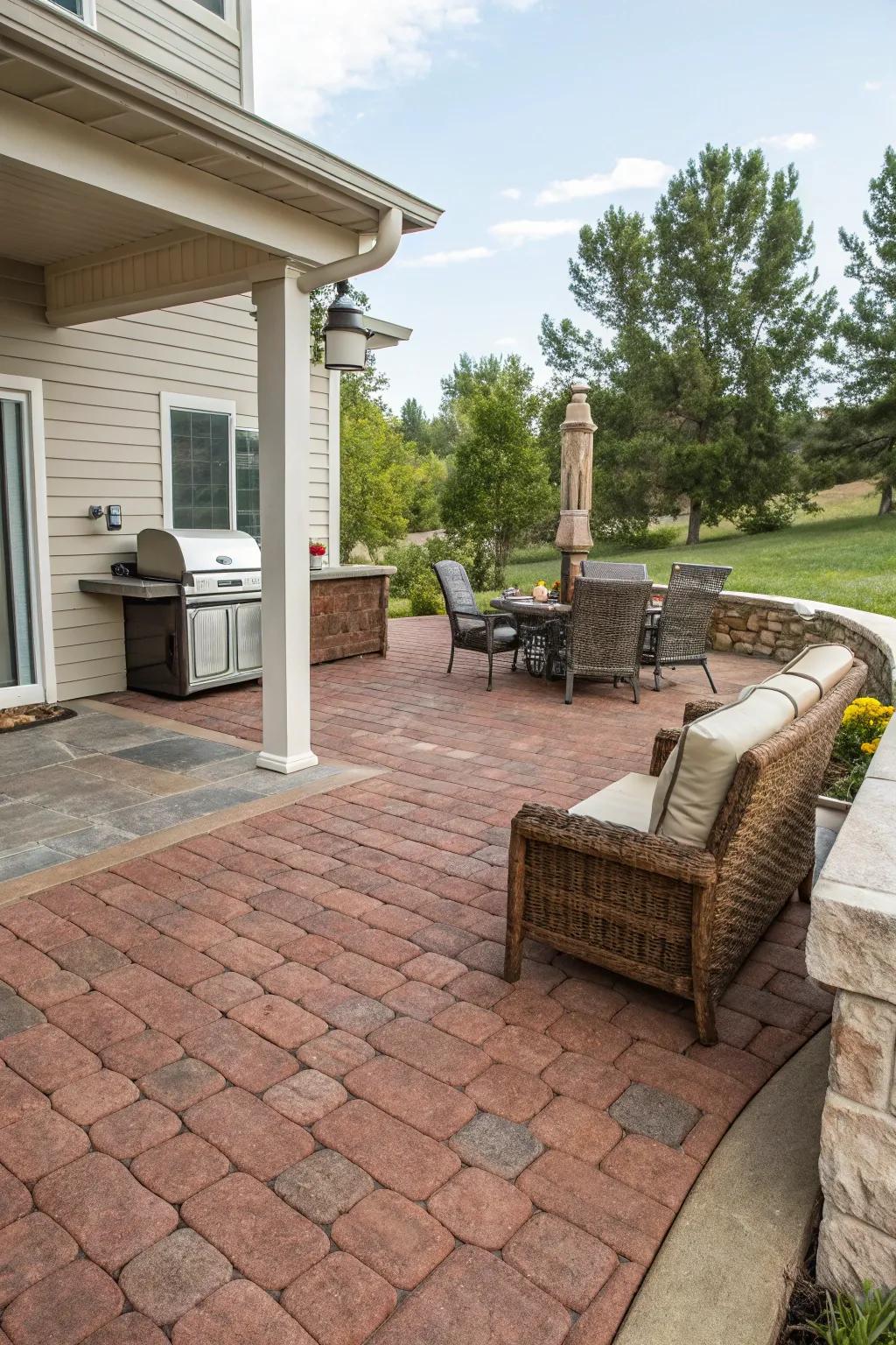Brick-patterned concrete introduces warmth and comfort to this patio.