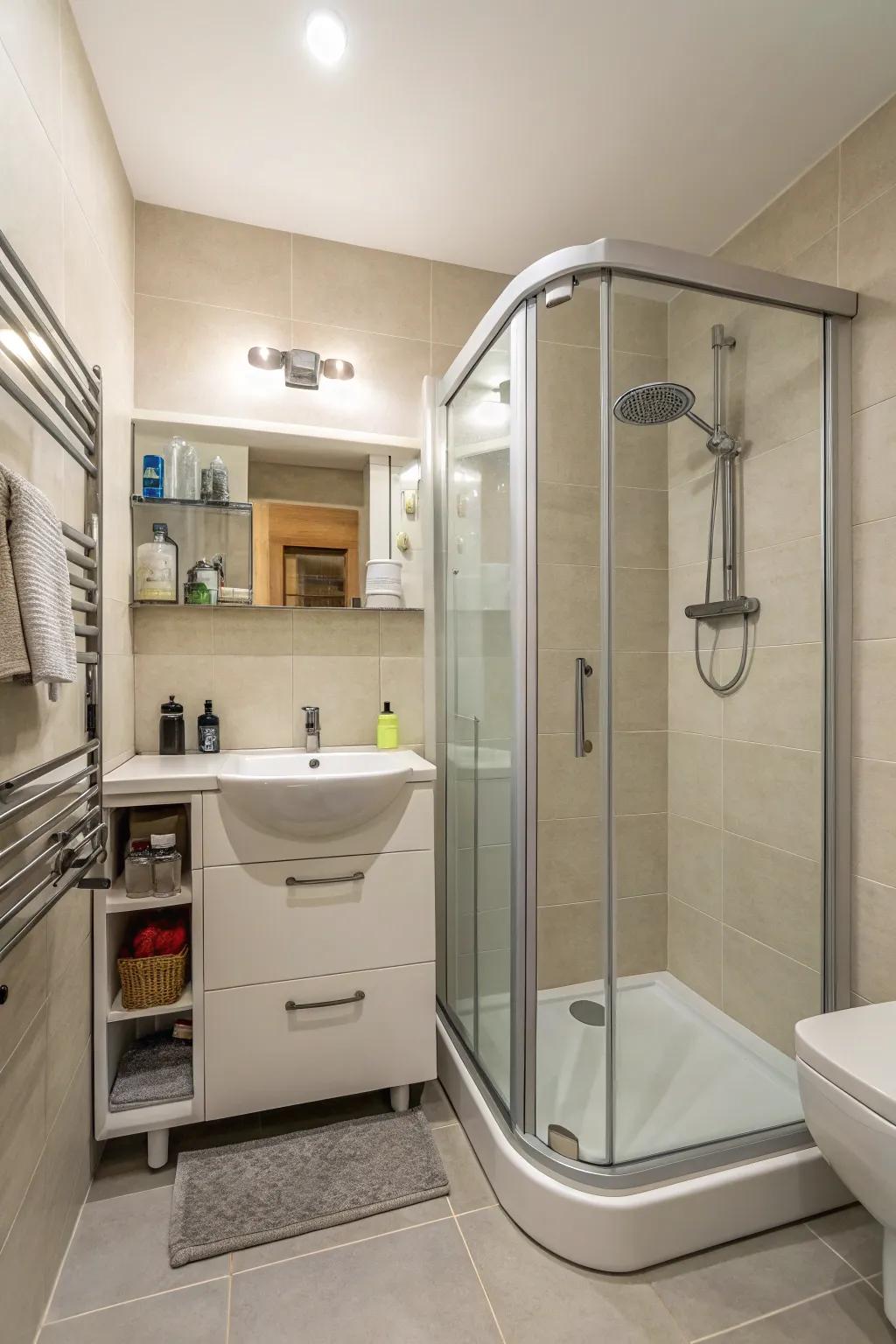 A small bathroom featuring a space-efficient split-level corner shower.