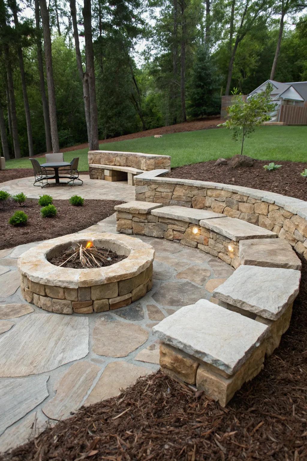 Establish a cozy gathering spot with a stone and mulch fire pit.