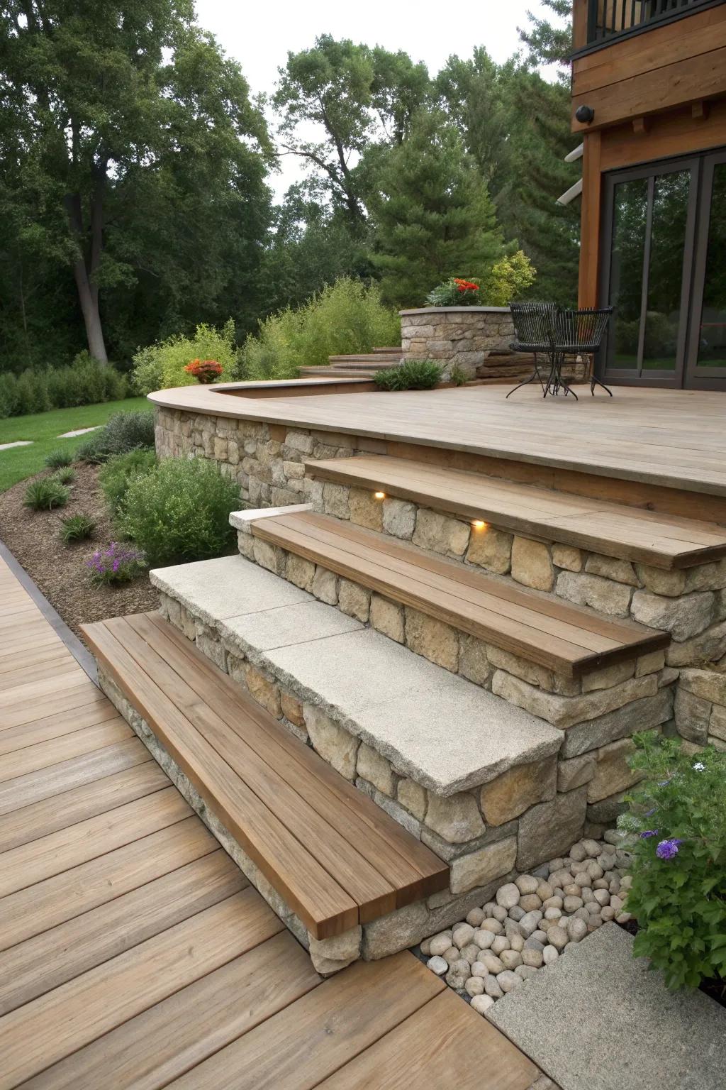 Stone stairways beautifully integrated into the overall cladding layout of the deck.