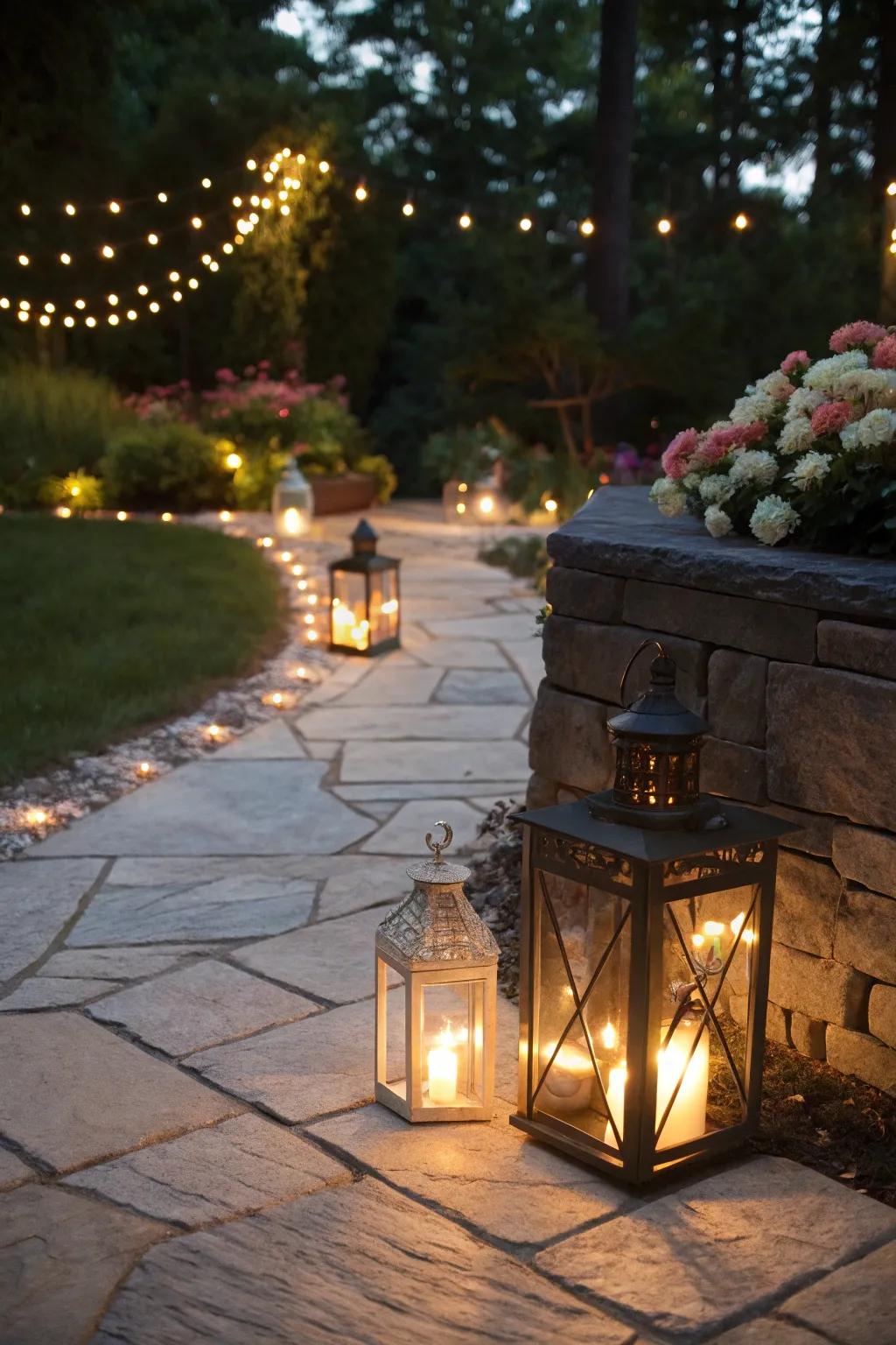 A stone patio featuring captivating environment lighting.