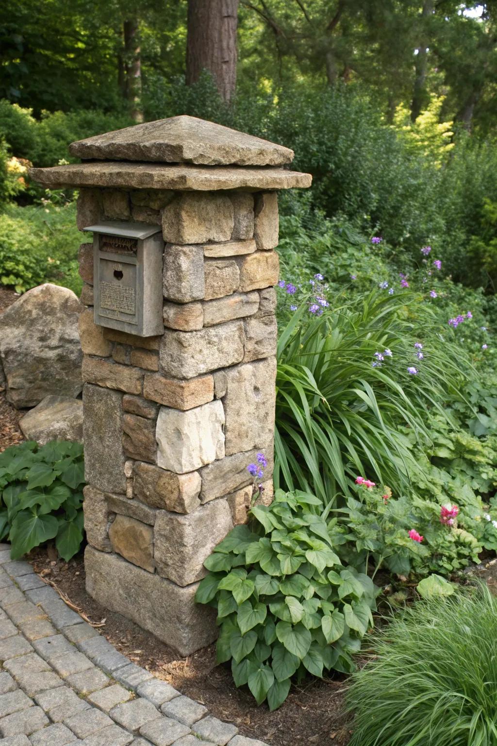 An environmentally conscious mailbox pillar fashioned from reclaimed stone.