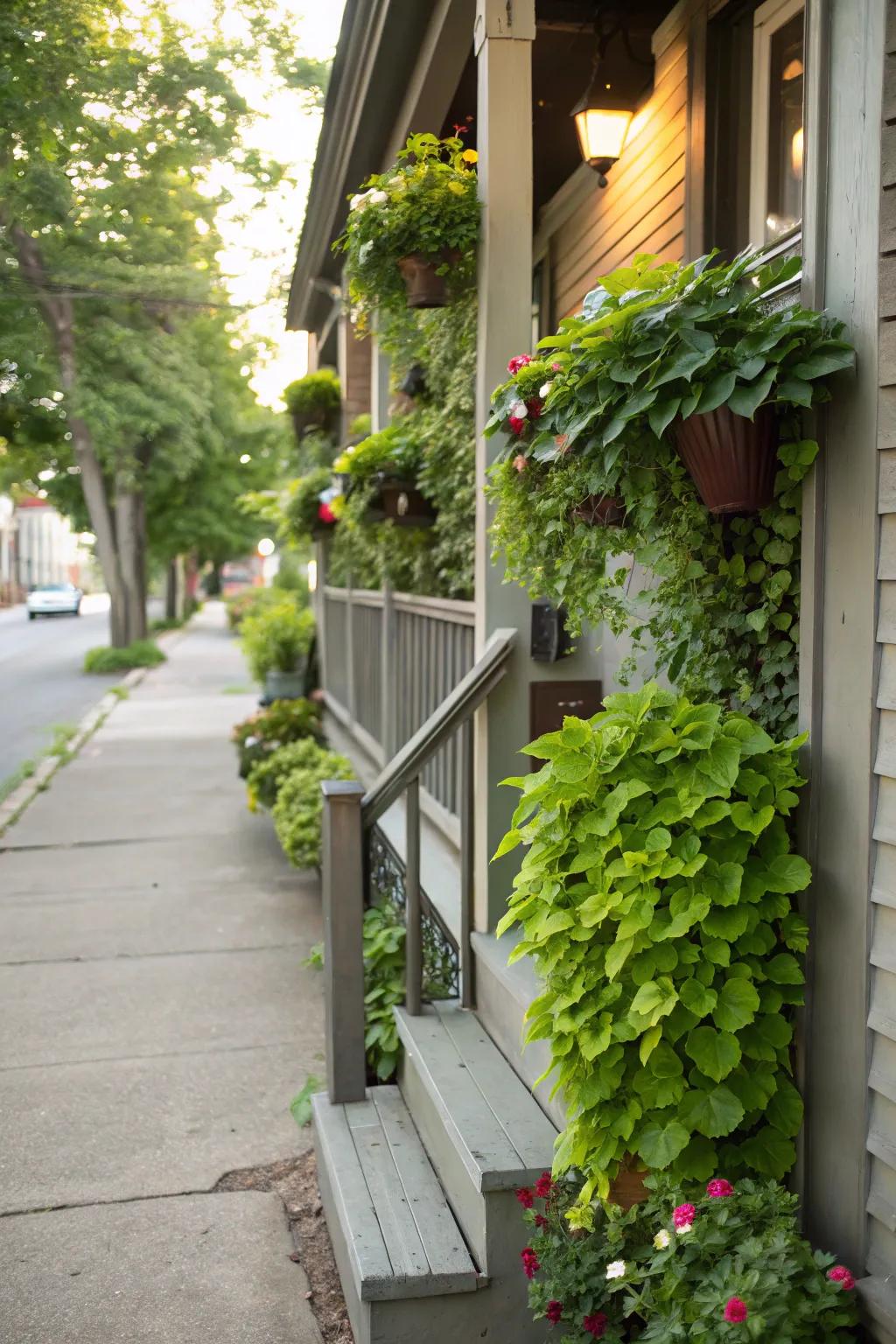 Vertical gardens infuse a small stoop with a lush feel.