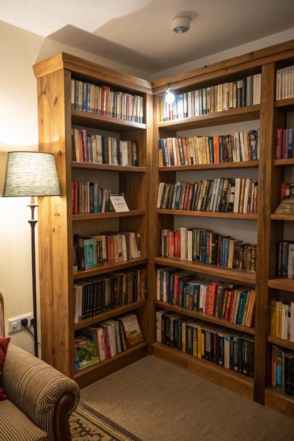 A small corner library featuring corner shelving.
