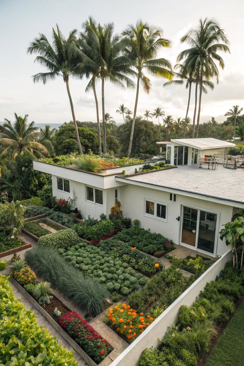 Rooftop garden thriving with tropical plants.