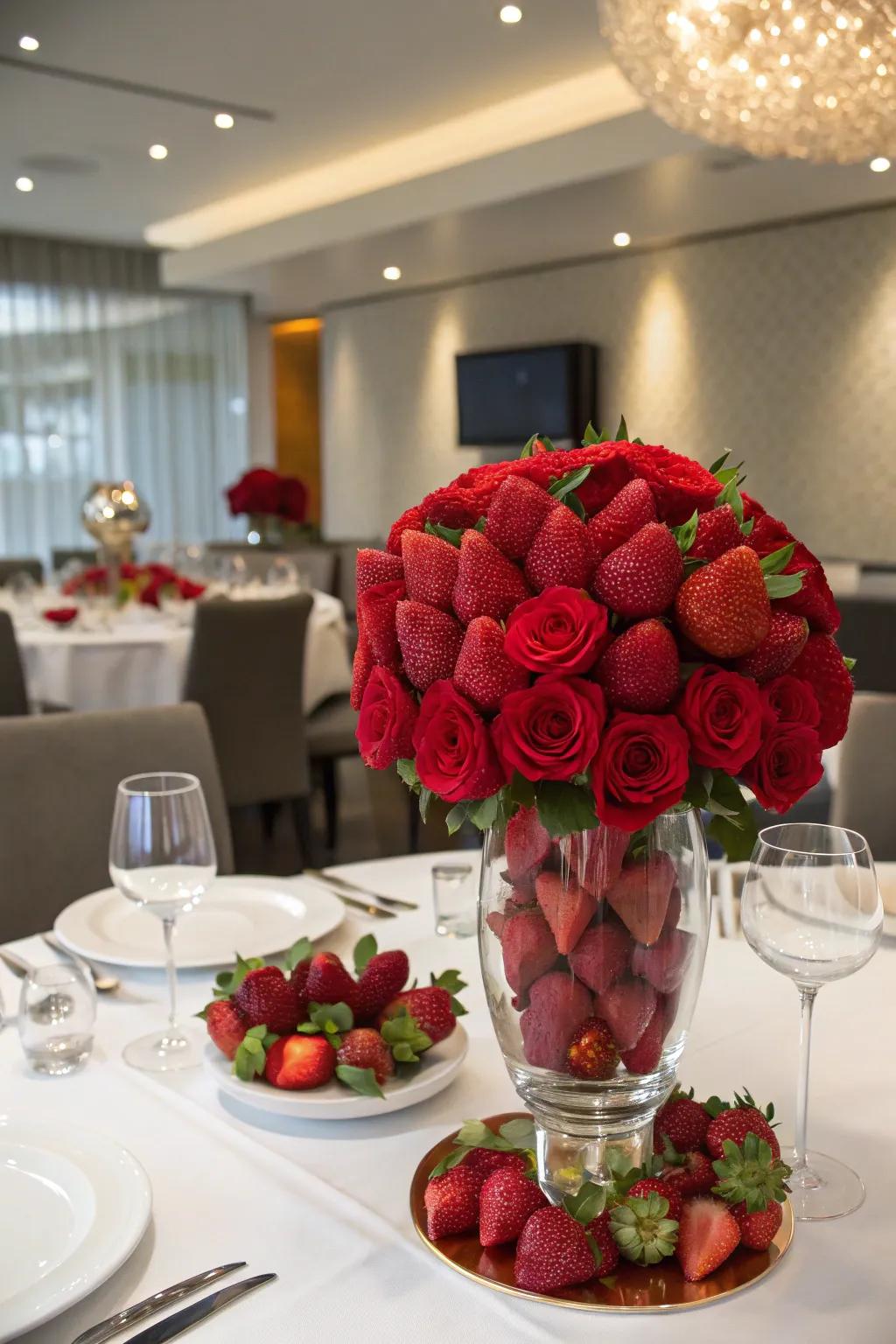 A captivating Crimson Berry 'rose' centerpiece that commands attention.