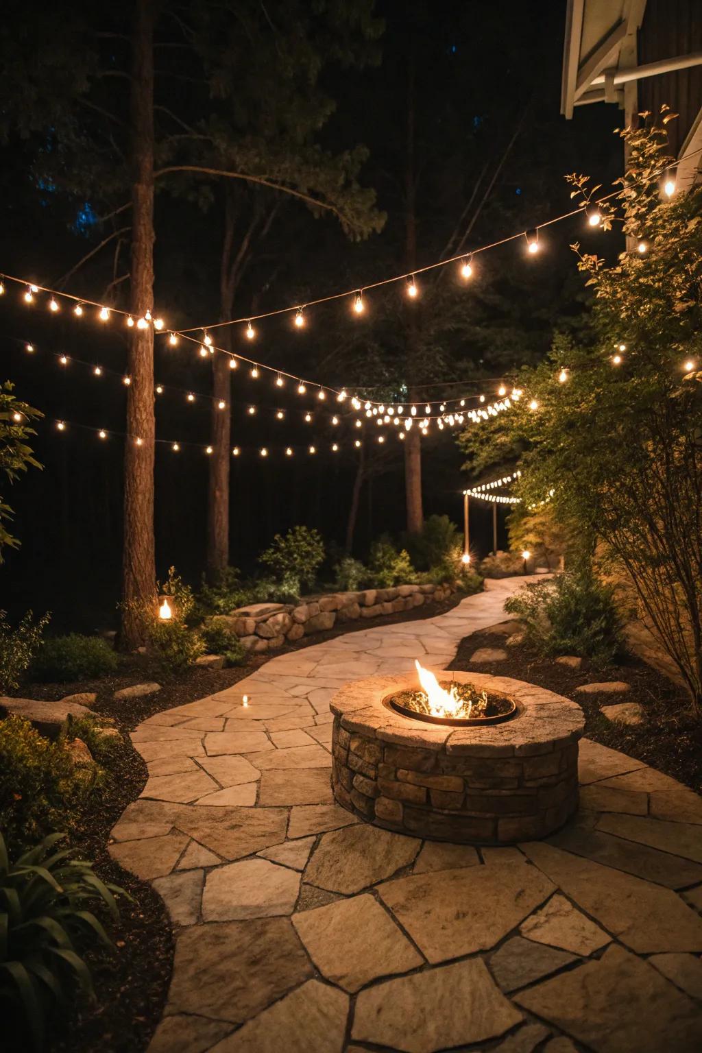 Twinkle lights illuminate a pathway to the fire pit.