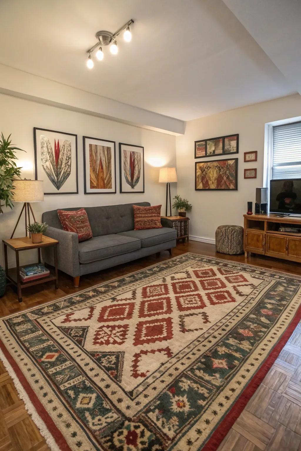 A floor covering marks off spaces while adding texture and color.