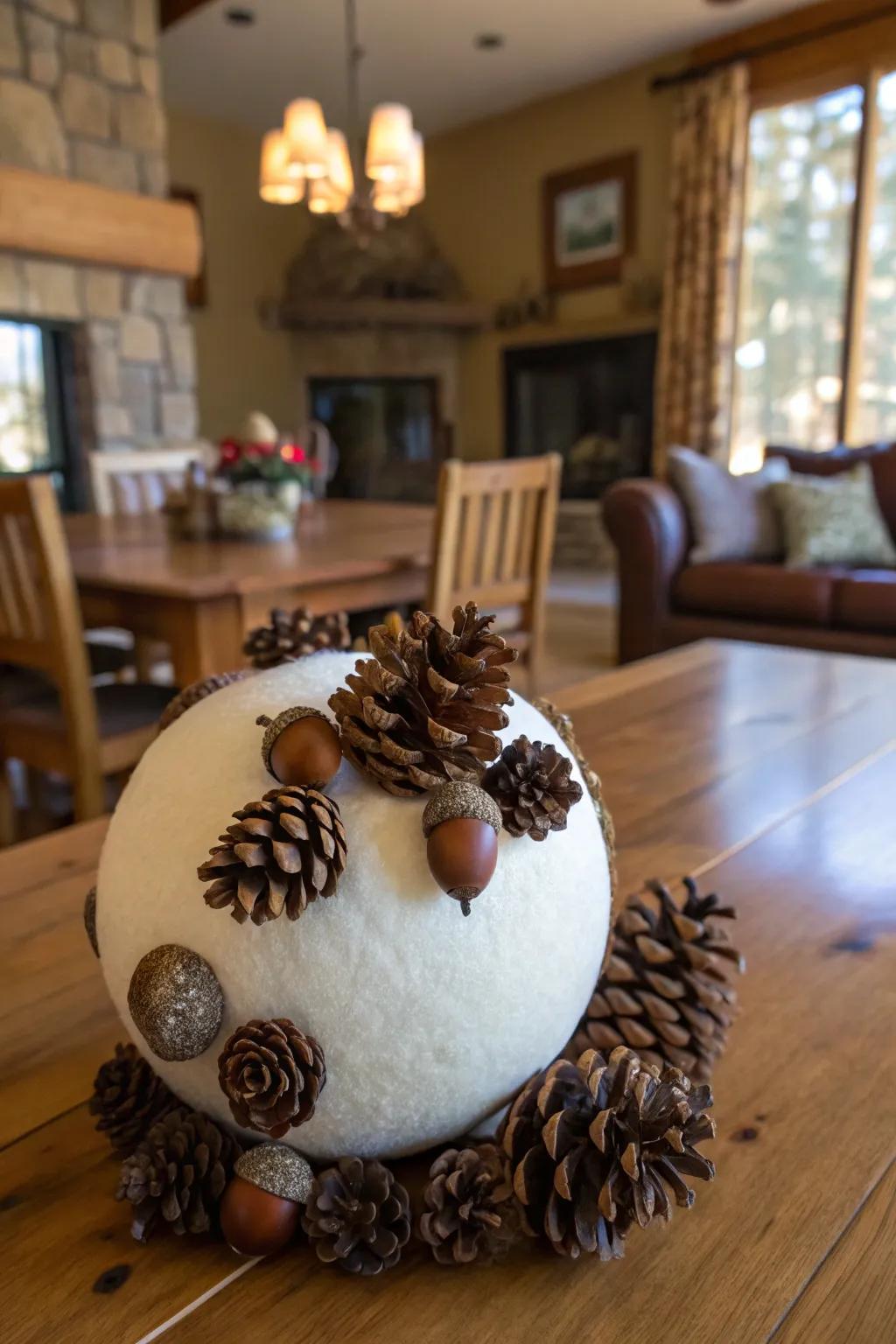 Nature-inspired ornaments fashion a rustic charm.