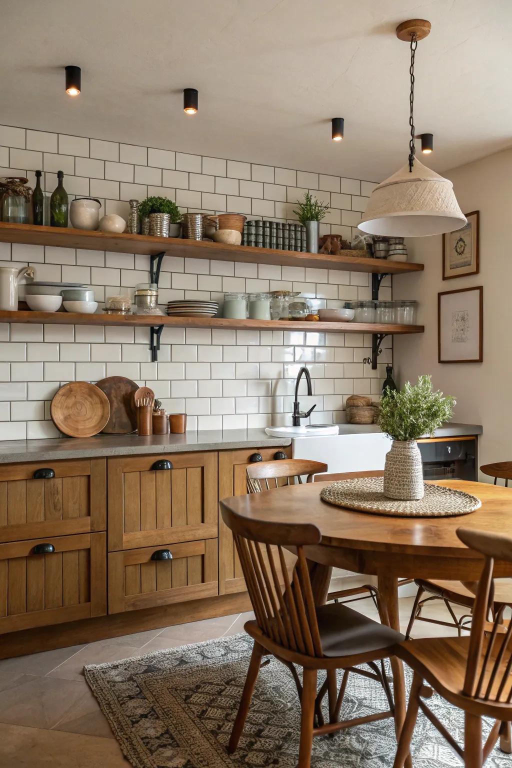 A warm and welcoming kitchen space is created by standard tiles and wood accents.