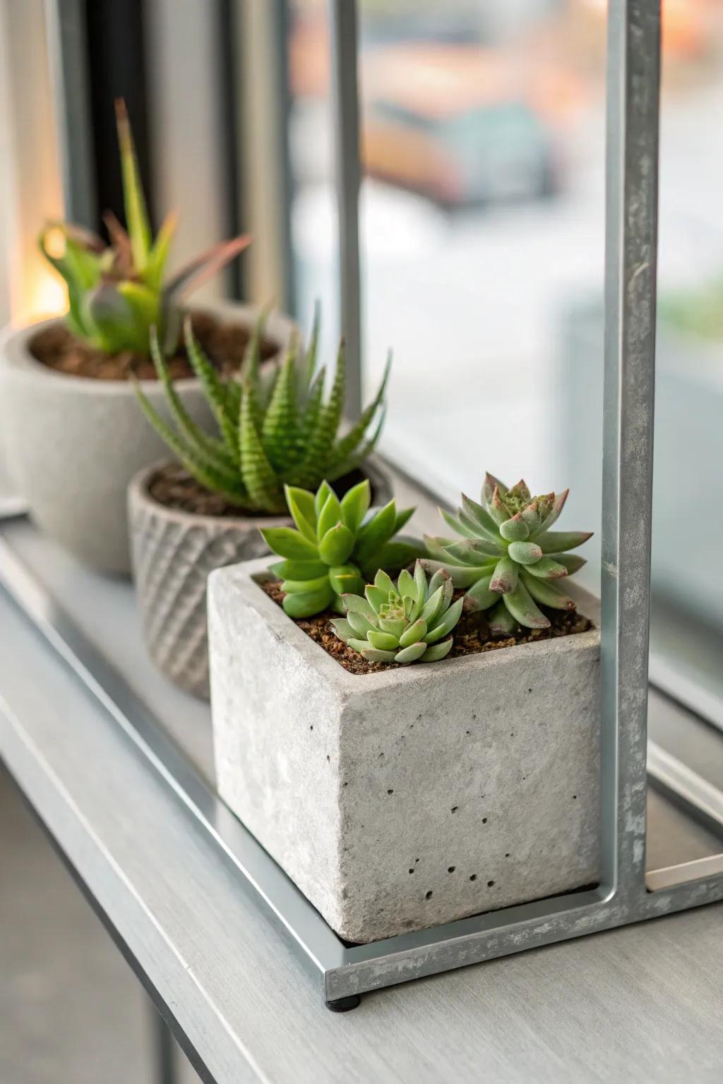 A streamlined solid container featuring a contemporary succulent arrangement.