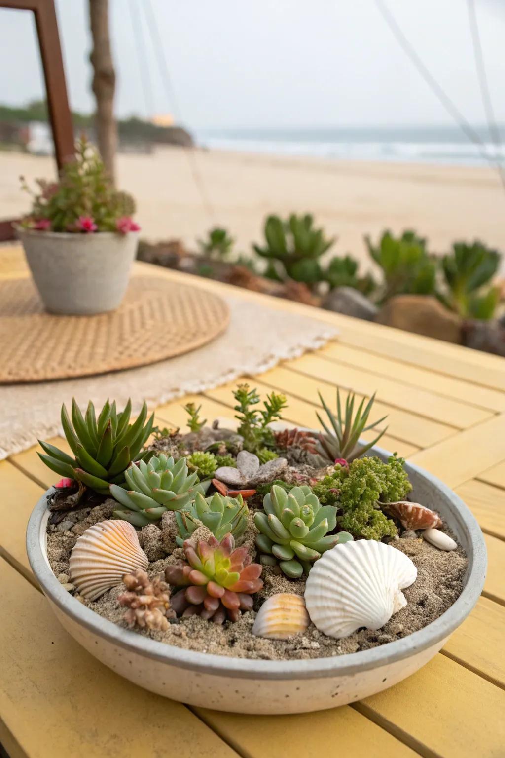 A coastal-inspired succulent garden adorned with seashell accents.