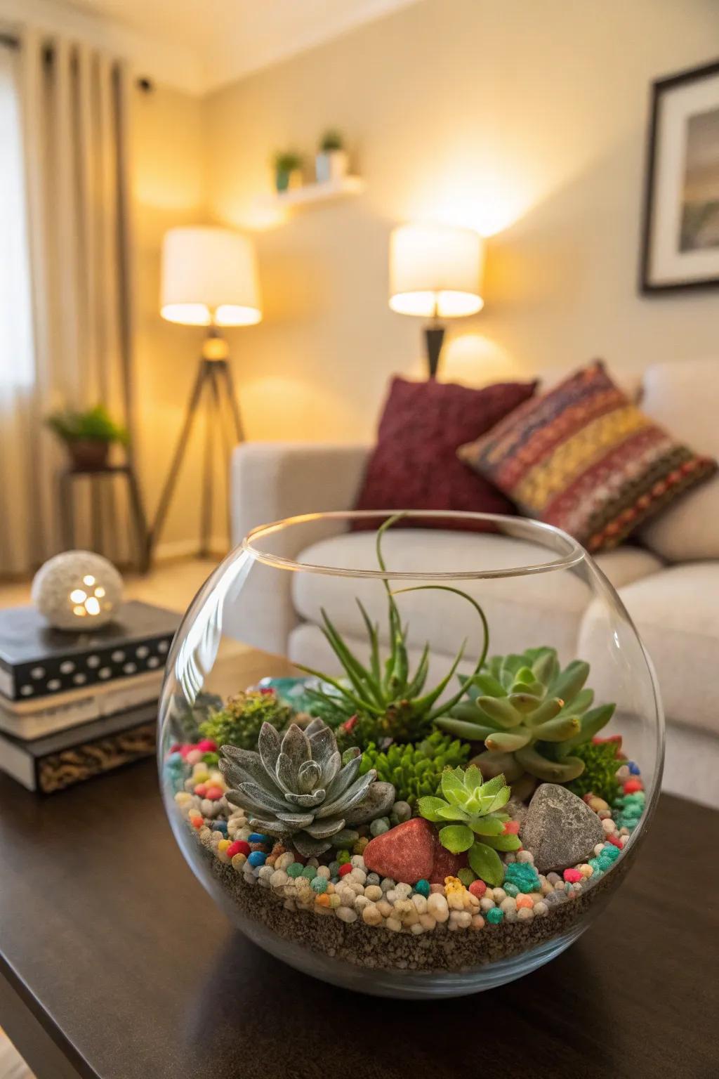 A chic indoor terrarium featuring a selection of succulents and decorative stones.