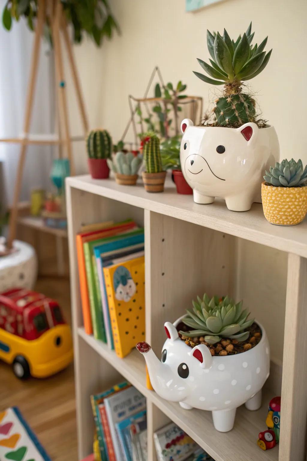 Delightful ceramic critter planters for a playful presentation.