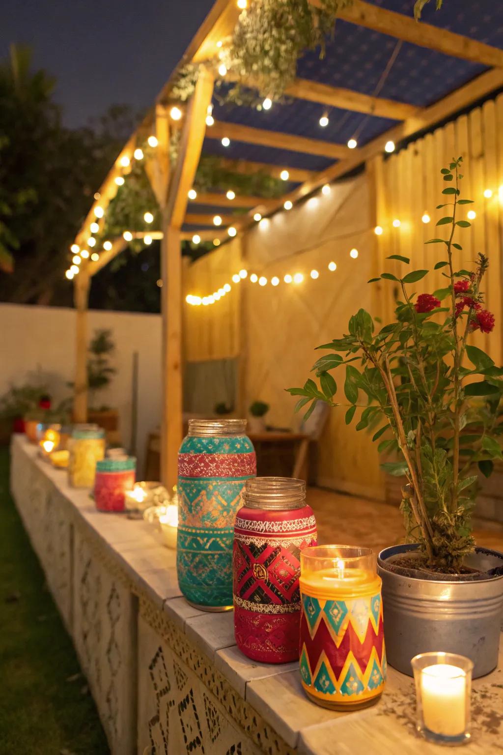 Charming DIY painted jars used as candle holders within a sukkah.