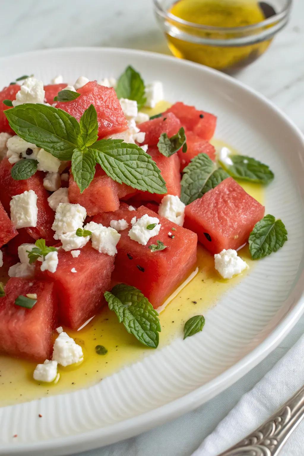 A revitalizing watermelon salad with feta and mint.