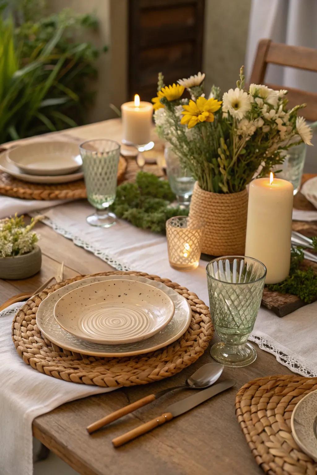 A sustainable table arrangement featuring reusable dinnerware.