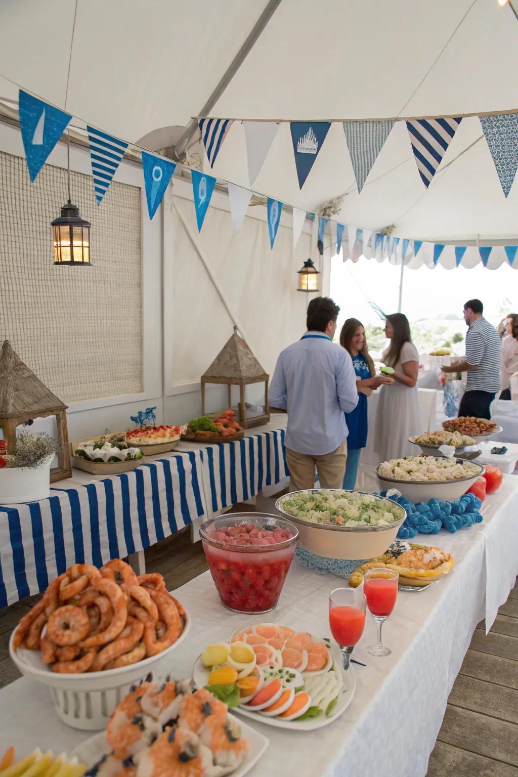 A seaside soirée with nautical decor and ocean-inspired elements.