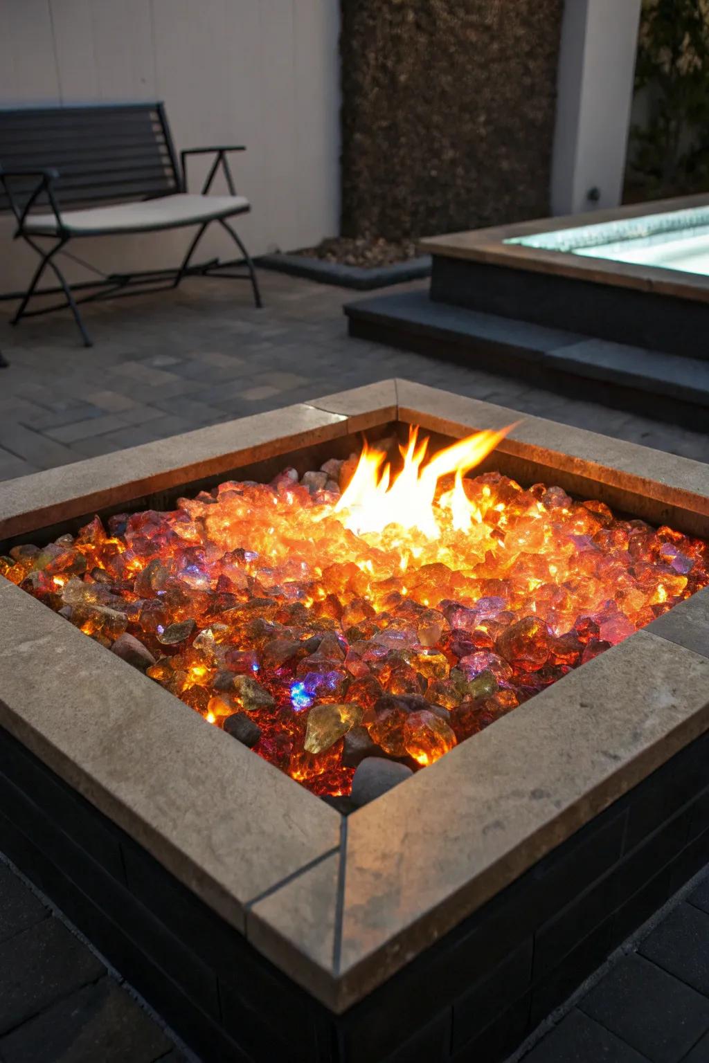 Hearth glass includes elegance and sparkle to this fire feature.