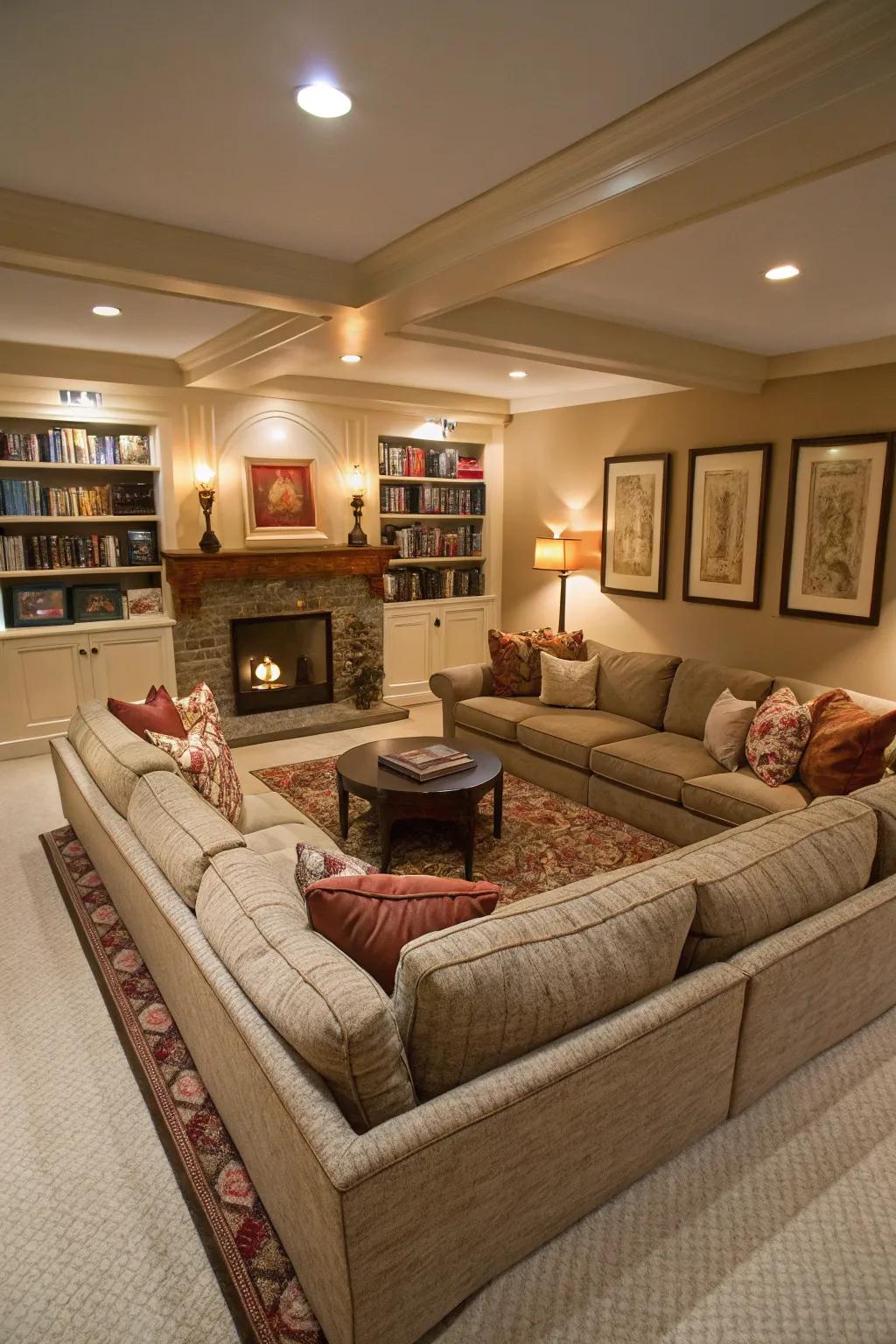 A recessed living room featuring U-shaped seating.
