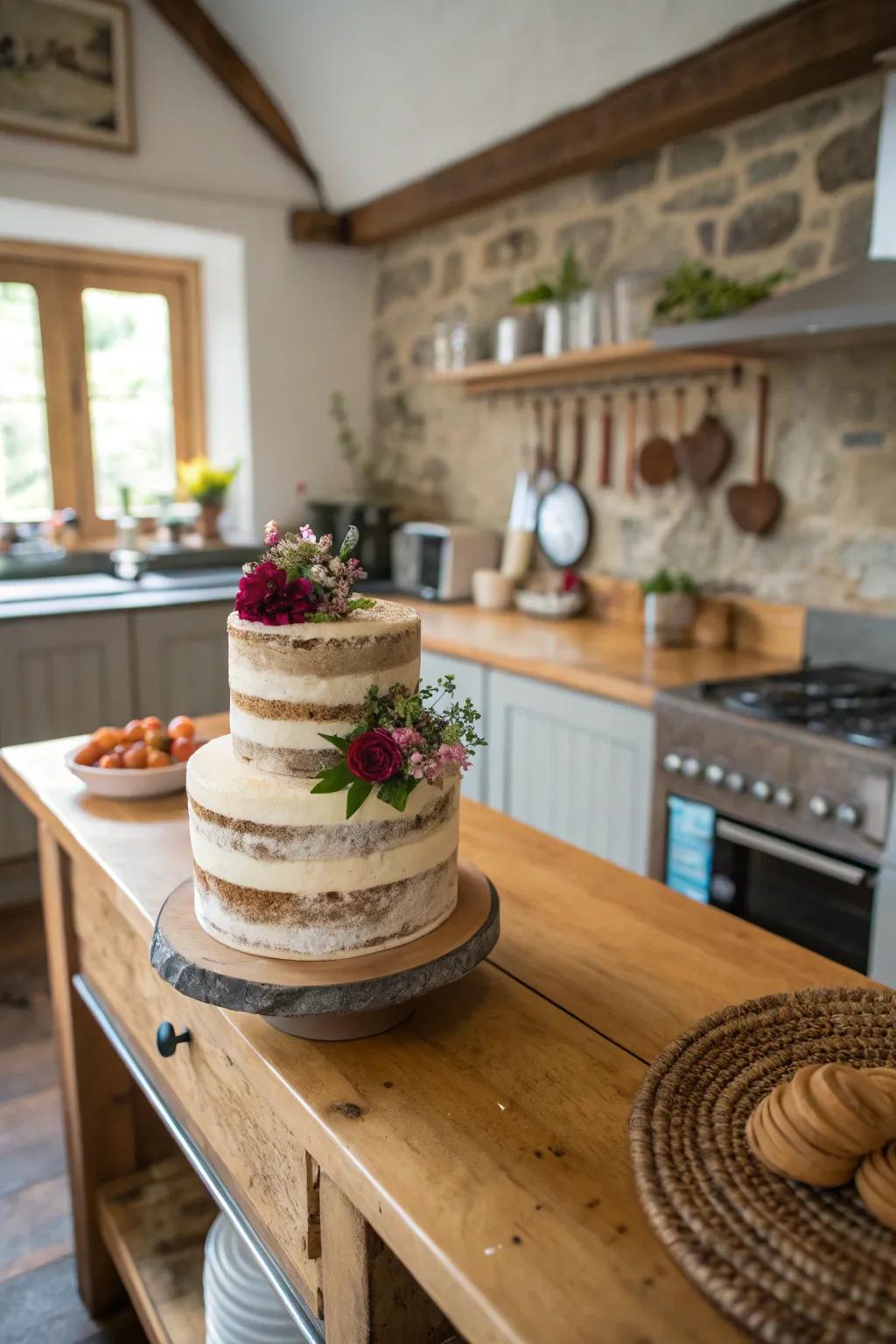 A down-to-earth allure cake that infuses warmth and simplicity into the occasion.