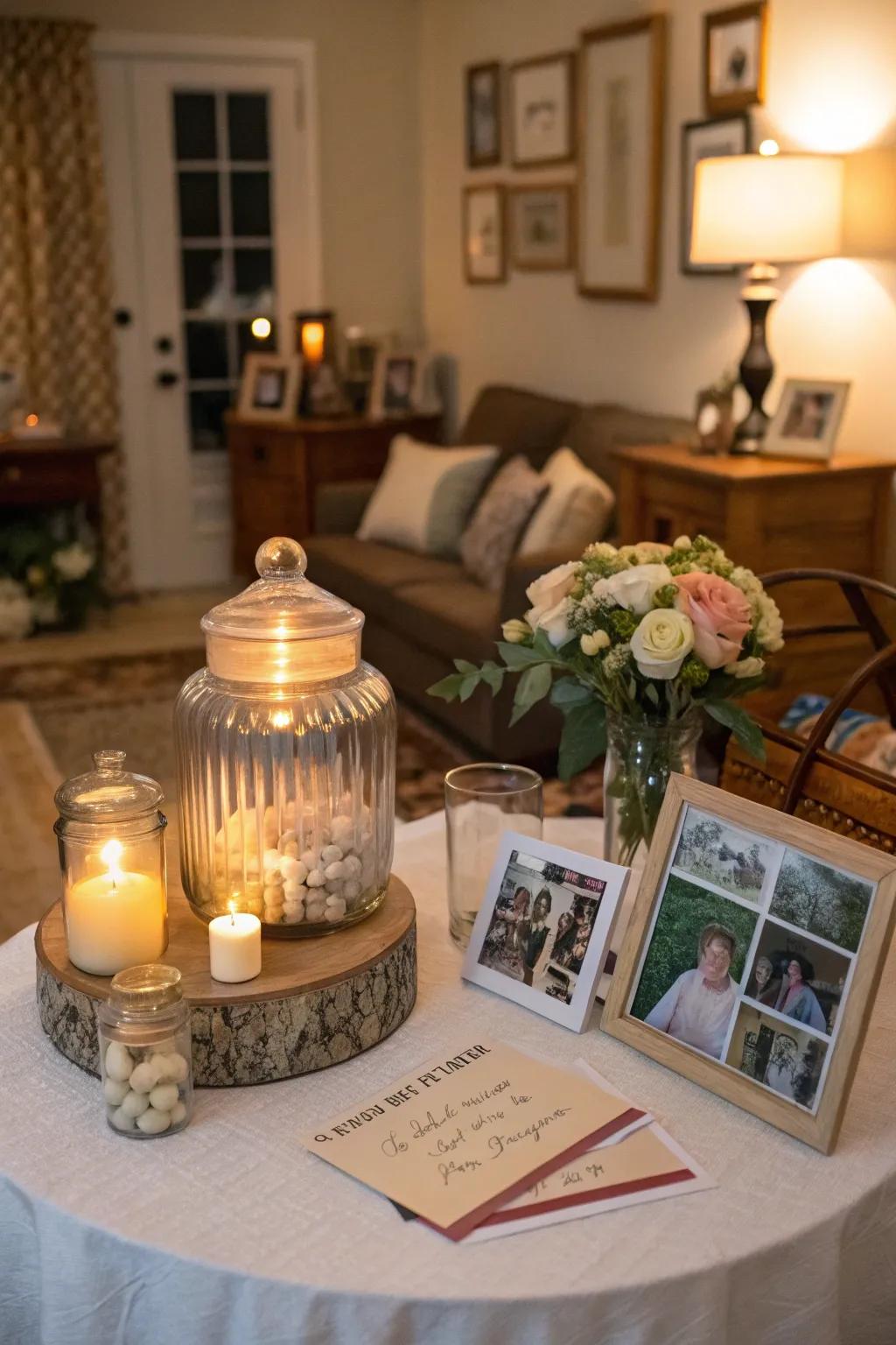 A reminiscence vessel encourages guests to contribute heartfelt notes and memories.