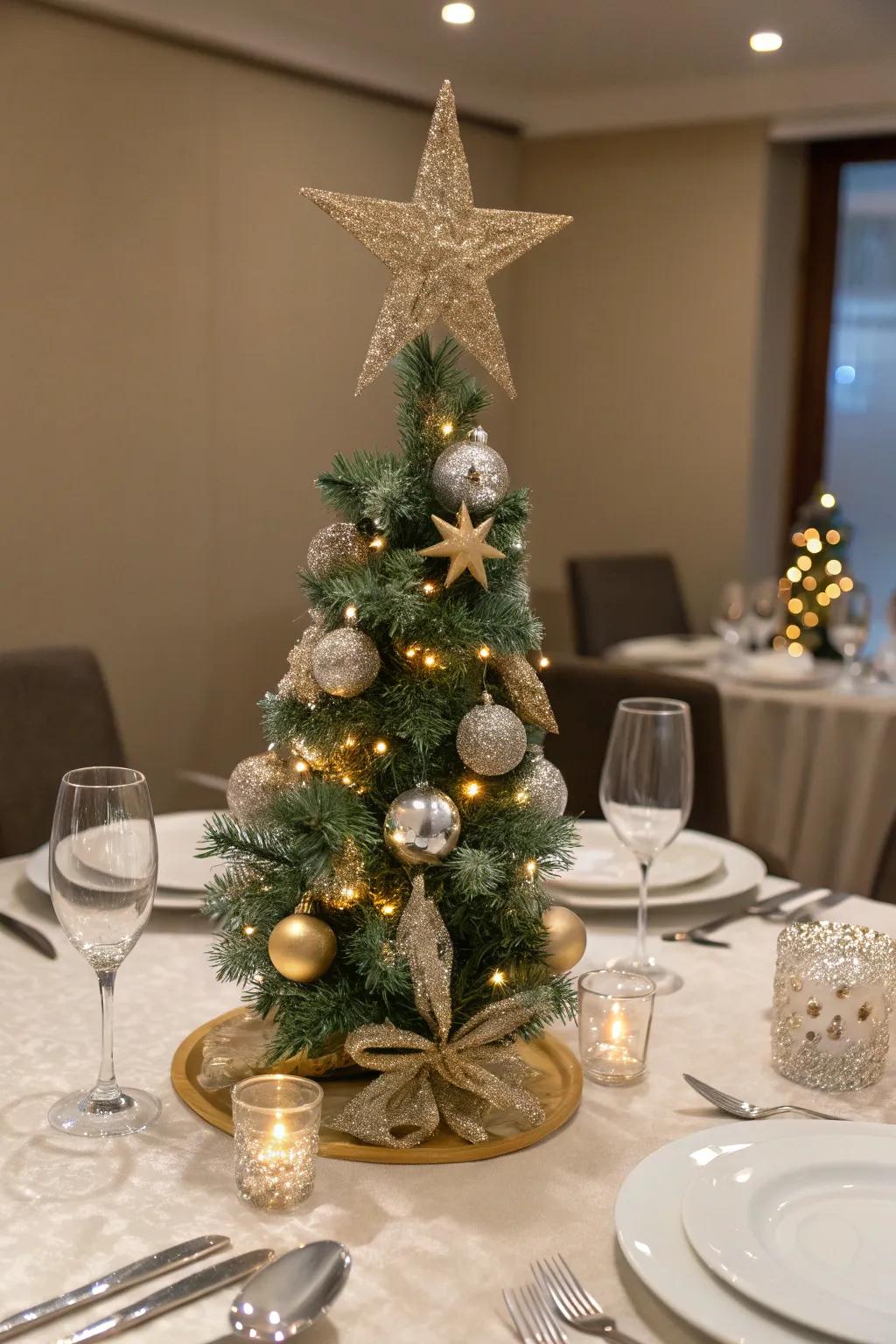 A heavenly sky full of stars themed Christmas tree for a table.