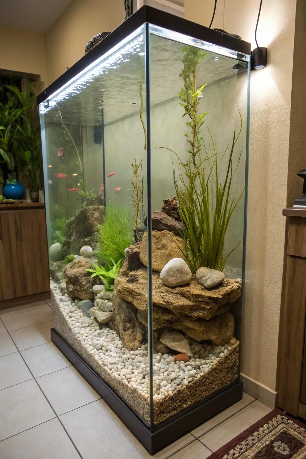 A nature-inspired riverbed reconstructed within an elongated aquarium.