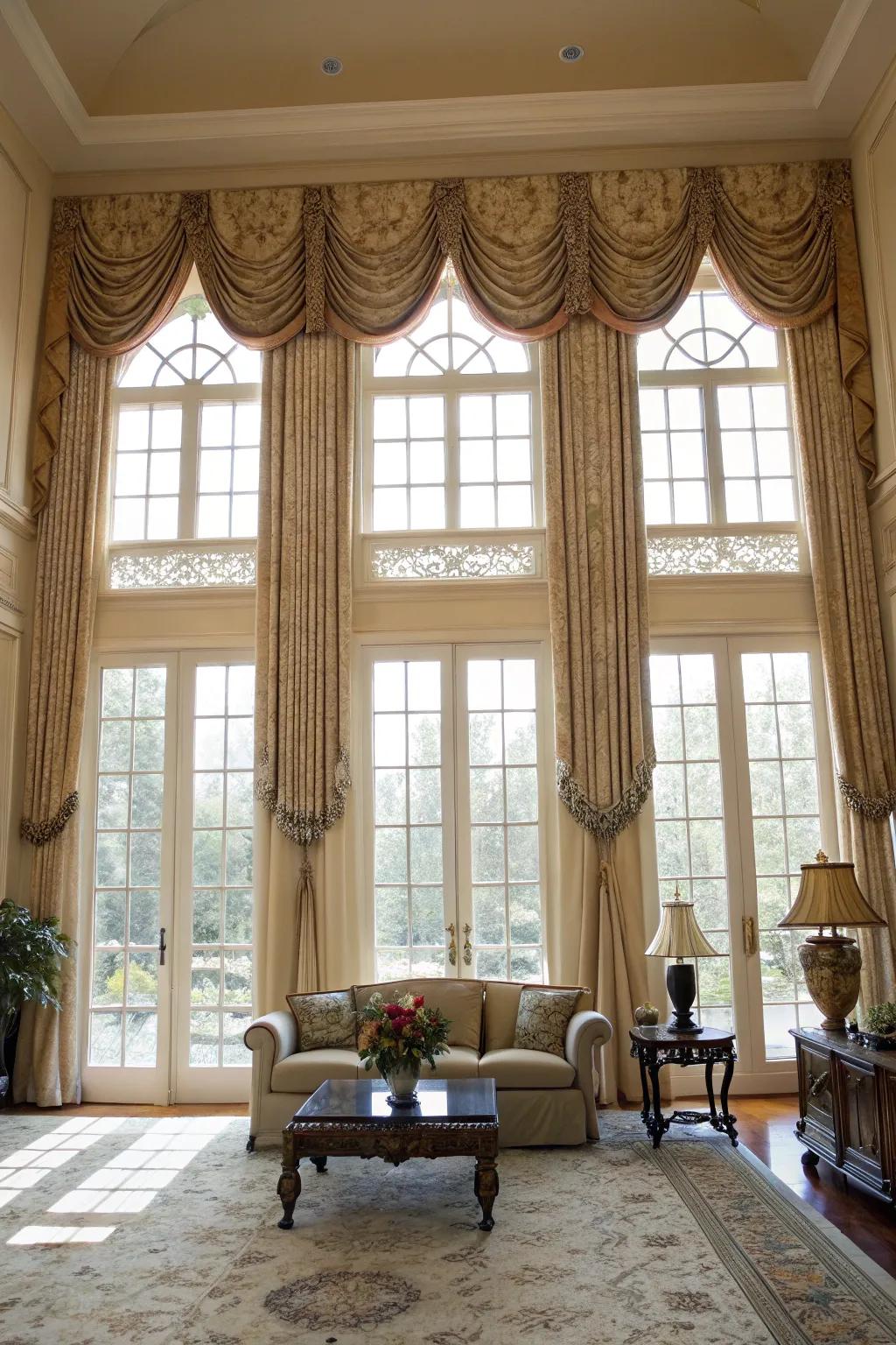 Ornamental window toppers contribute a nuance of formality.