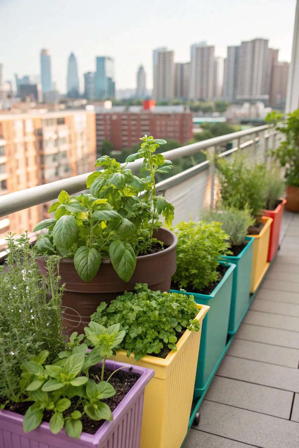 Herbs flourishing in containers, ideally suited to compact areas and urban living.