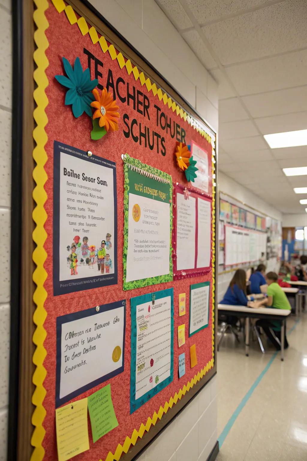 A vibrant board spotlighting individual teacher contributions with shout-outs.