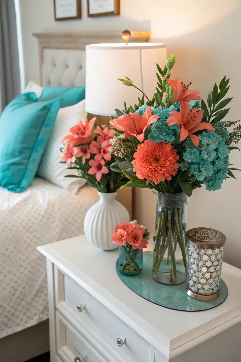 Floral arrangements in coral and teal bring a breath of fresh air.