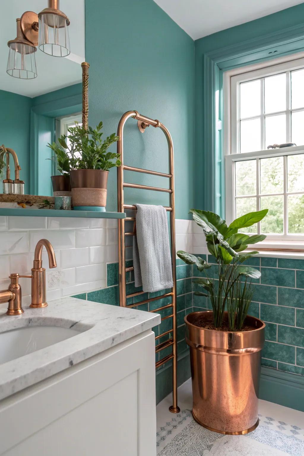 Achieve rustic harmony with aquatic green and copper.