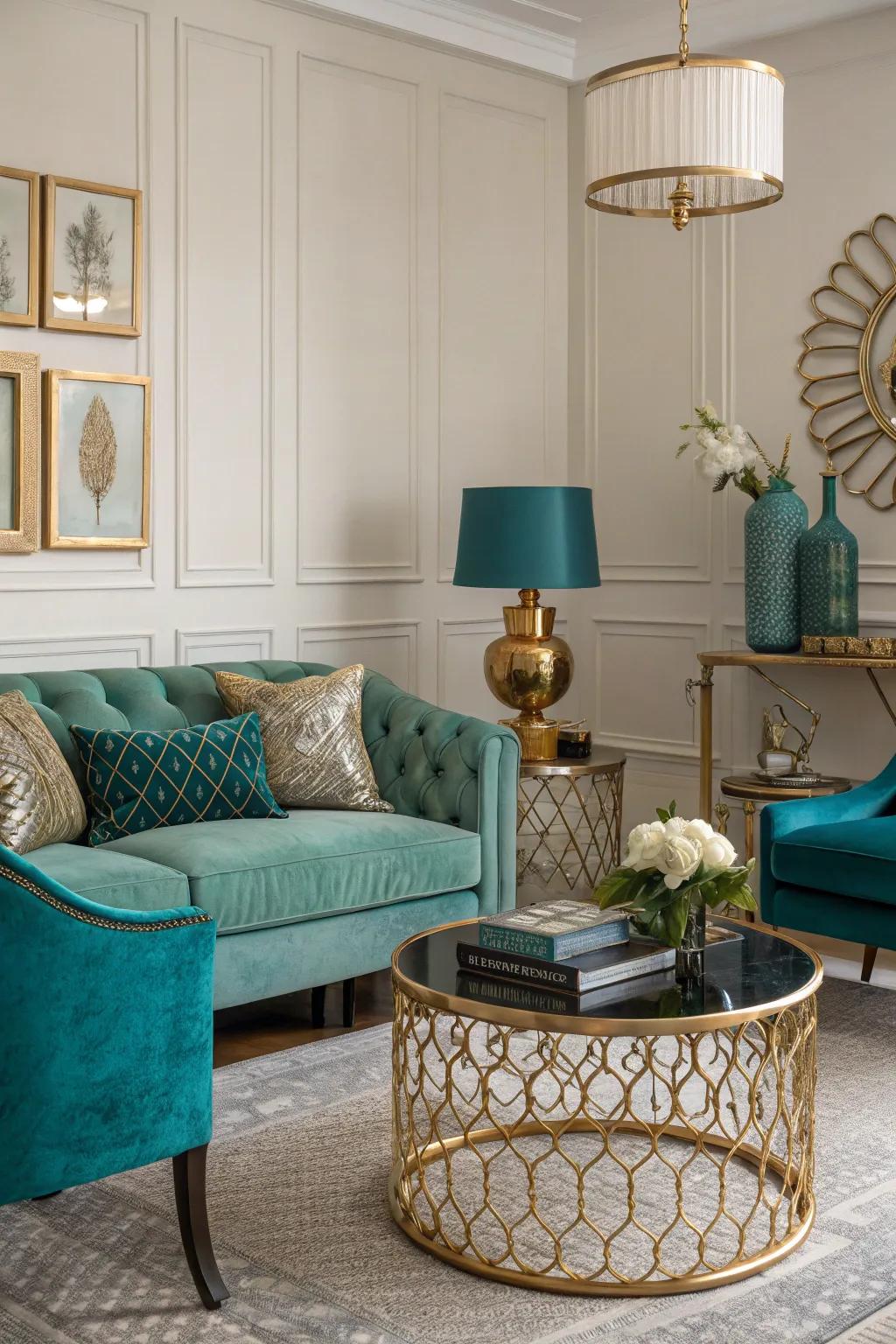 The combination of azure and golden incorporates a touch of glamour to this family room.