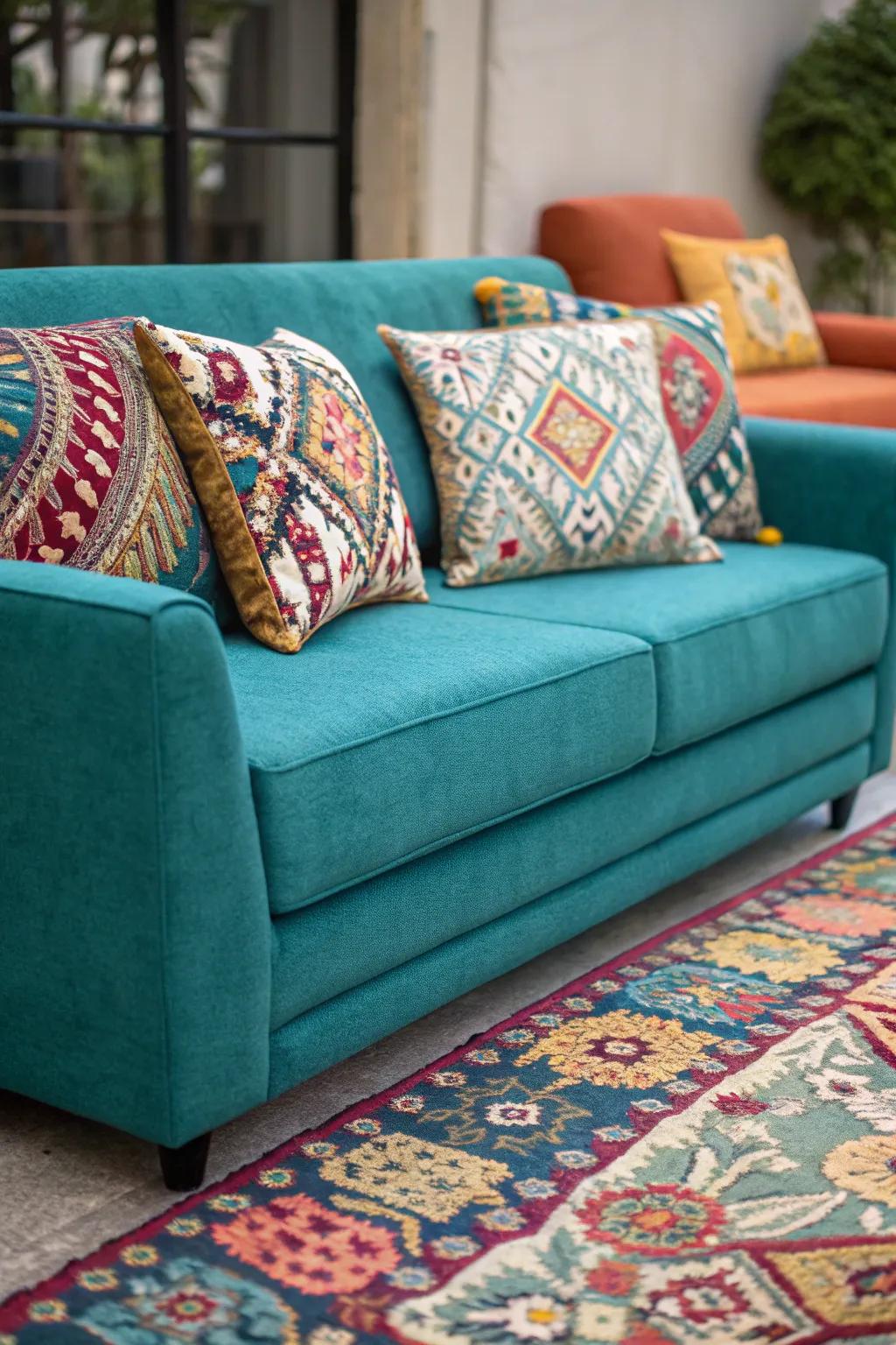 Patterns introduce a lively element to a sapphire sofa ensemble.