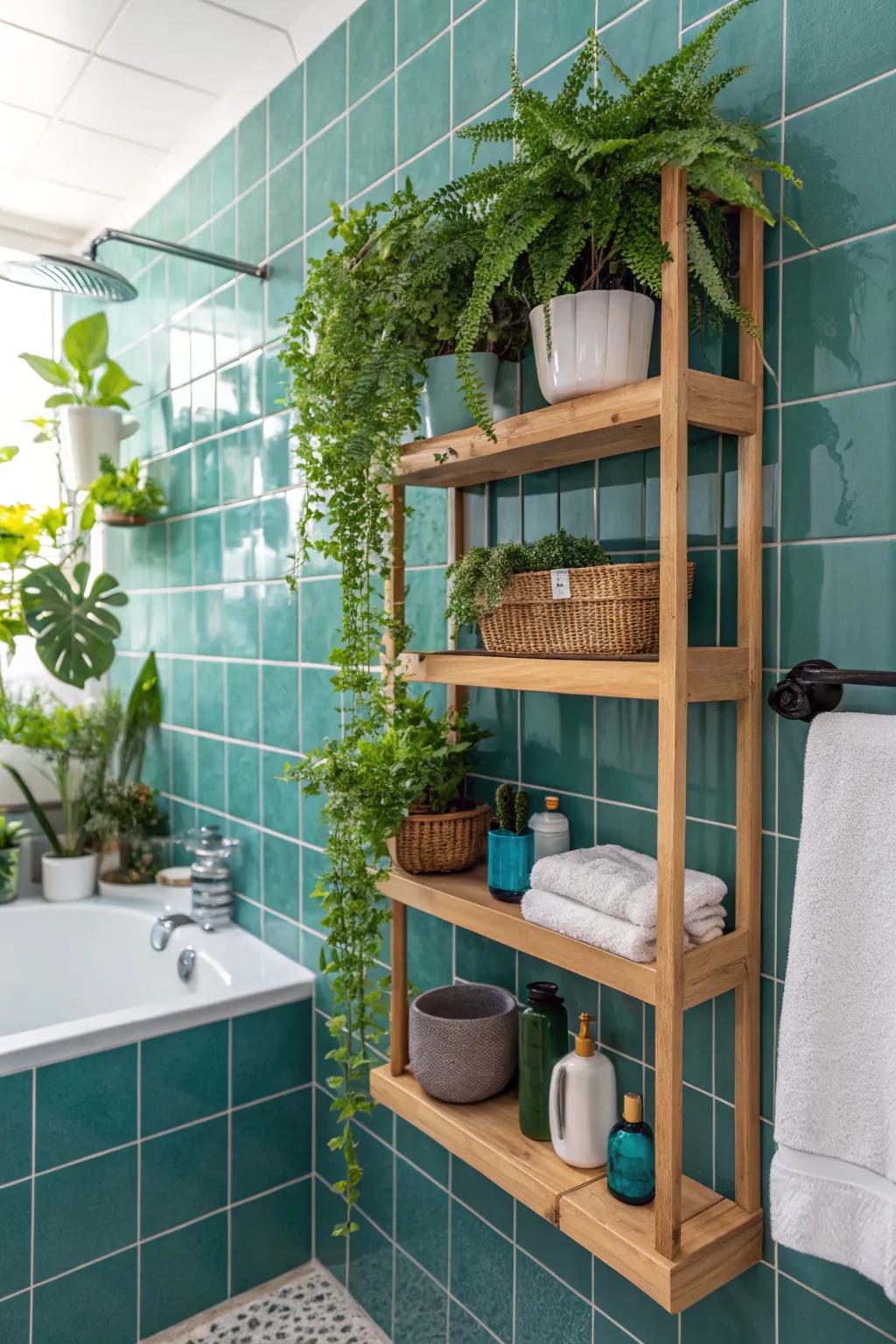 The soothing impact of aqua bricks is complemented by nature-inspired decor.