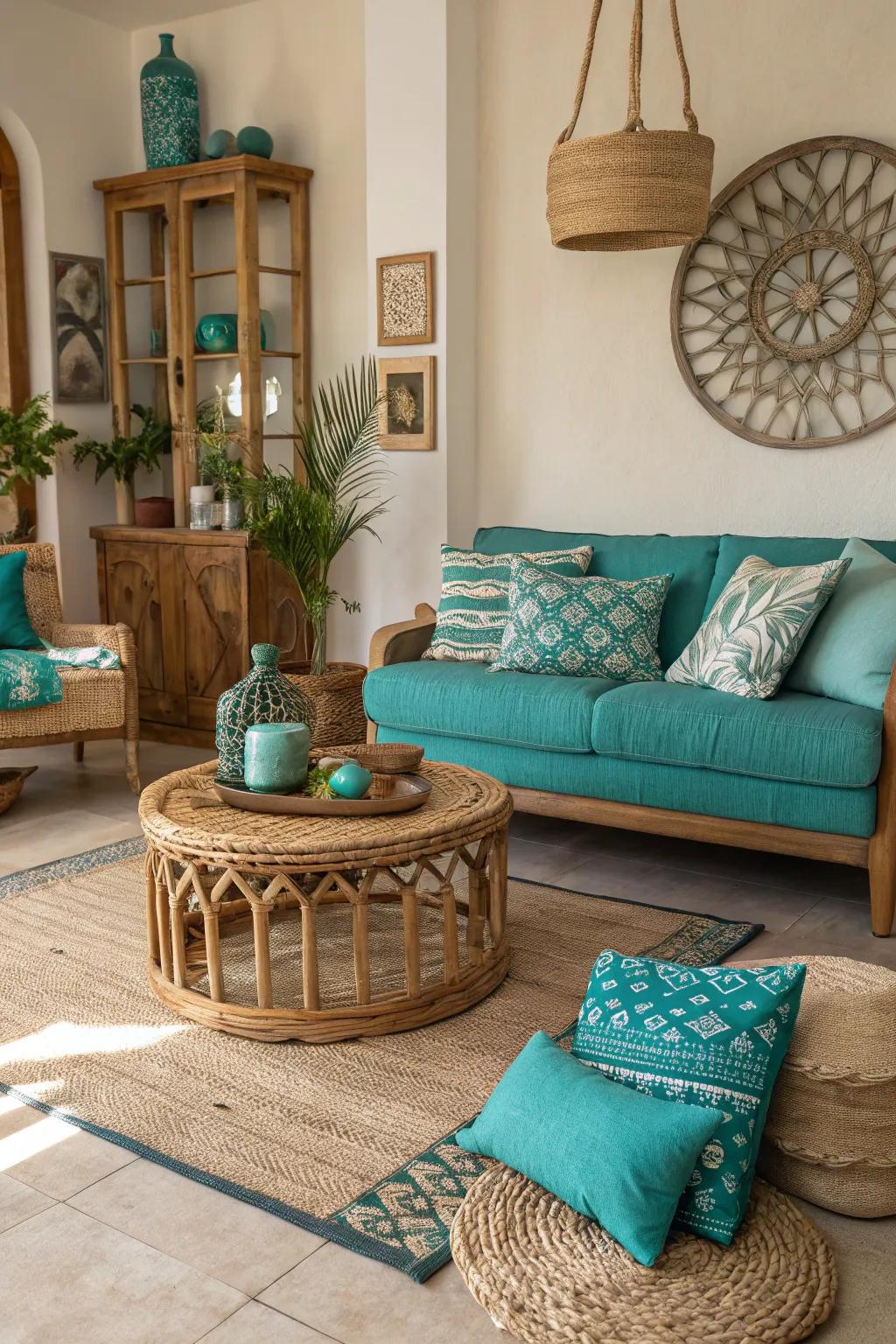 Natural components balance with teal and turquoise for a grounded sensation.