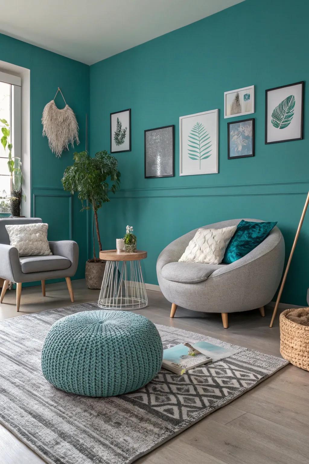 A sophisticated modern room with teal and grey tones.