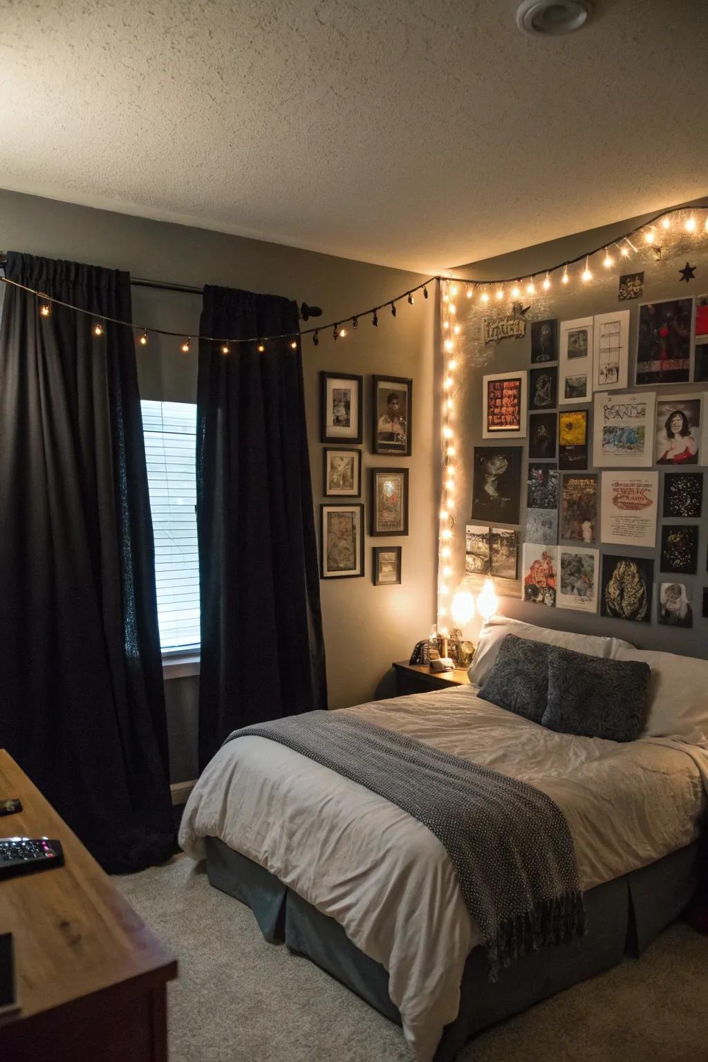 Dark drapes establish a remarkable and contemporary mood.