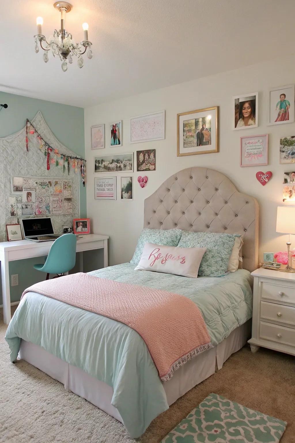 A prominent headboard adds class and serves as a focal point in the space.