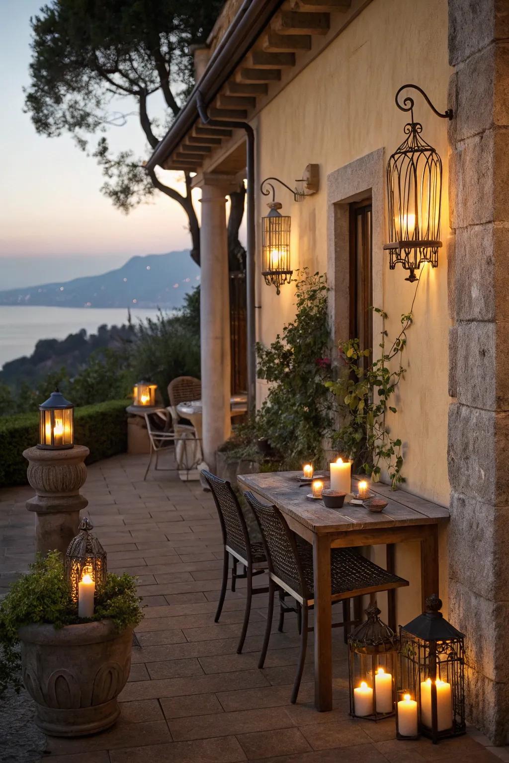 Candle sconces enrich terraces with romantic allure.