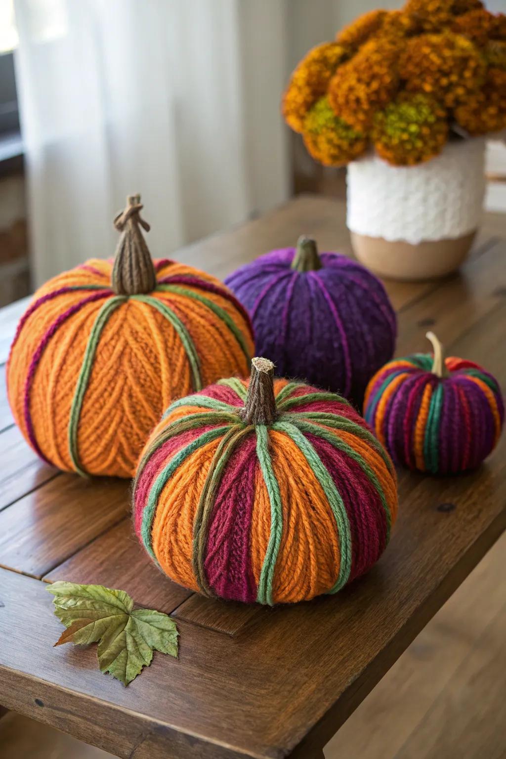 Snug thread-wrapped pumpkins, imparting a gentle impression.