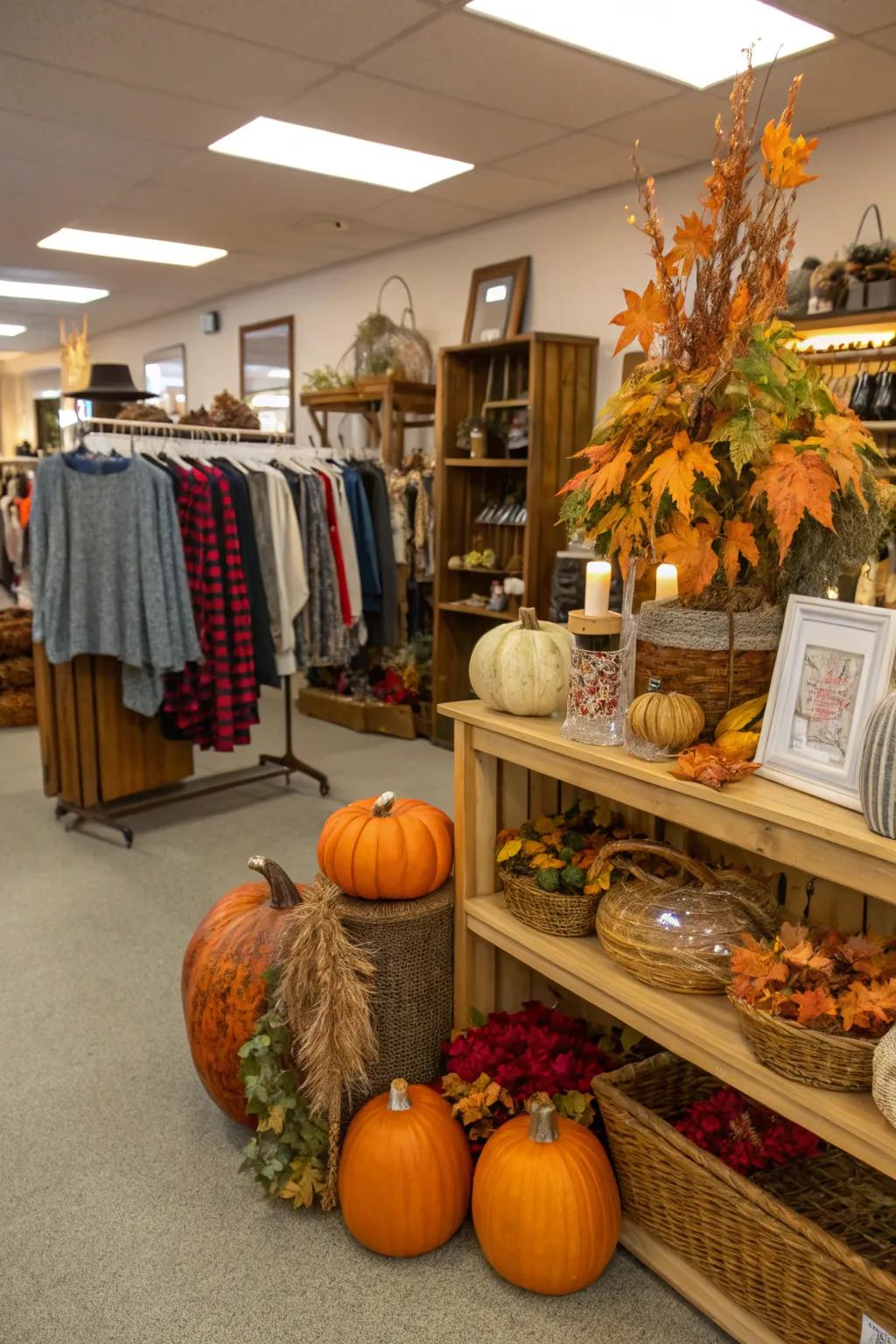 A seasonal exhibit with autumn-themed secondhand market ornamentation.