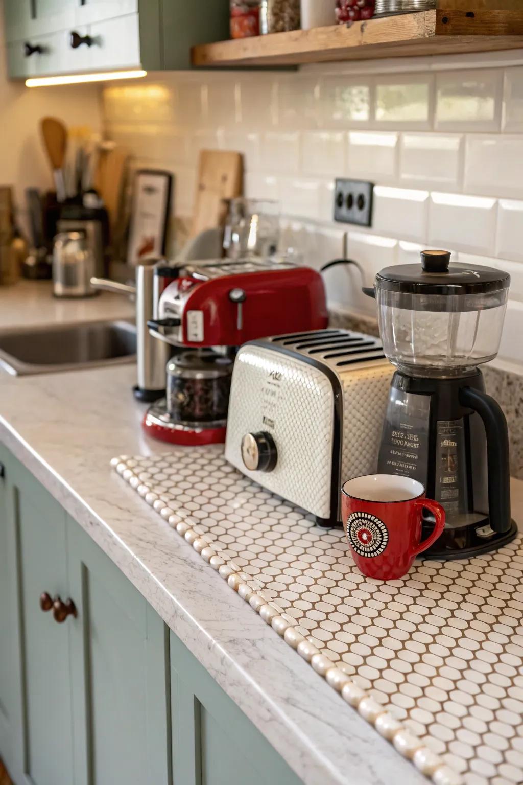 Small circular squares give a classic charm to this cooking area.