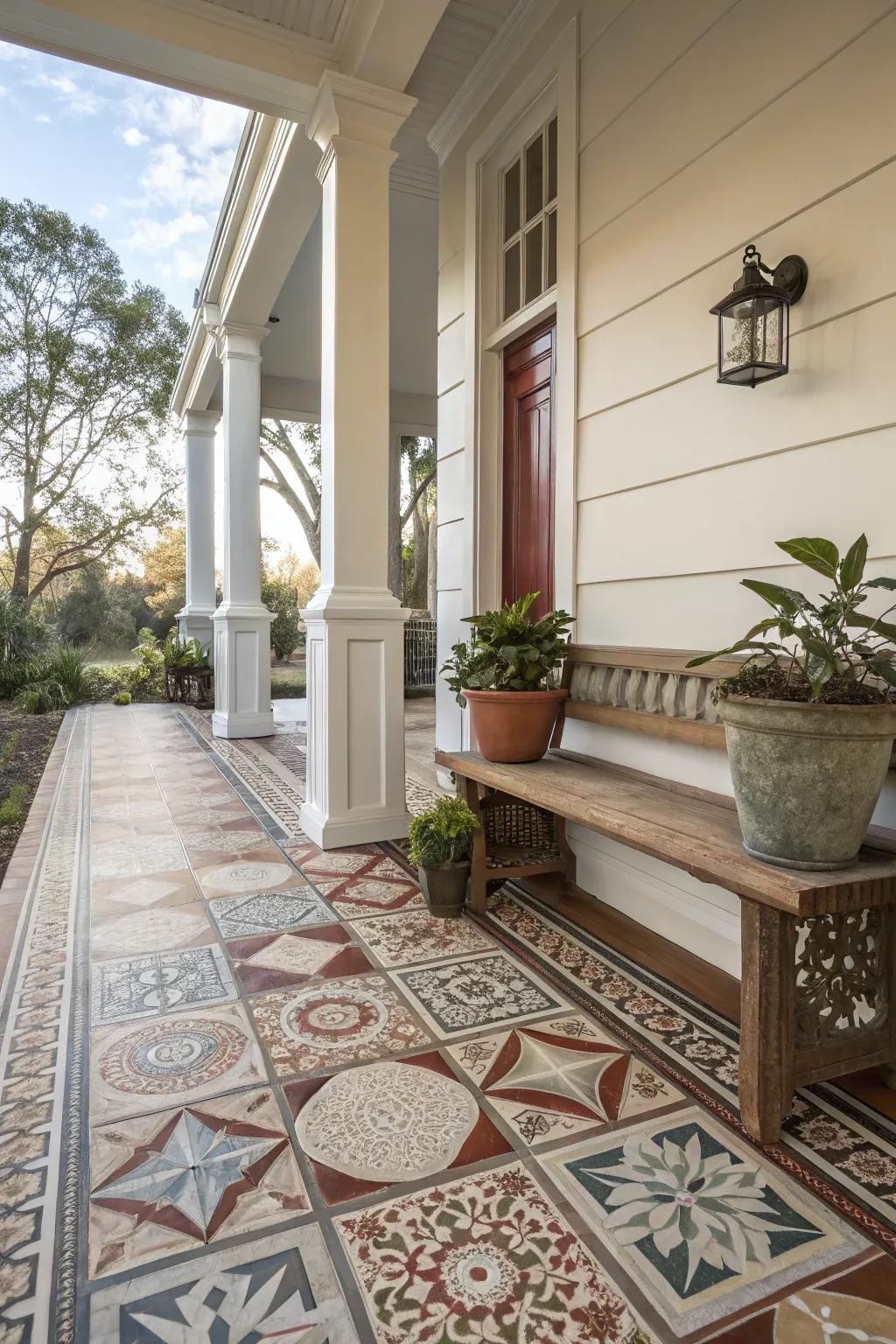 Accent tiles contribute a personalized statement to this welcoming porch.