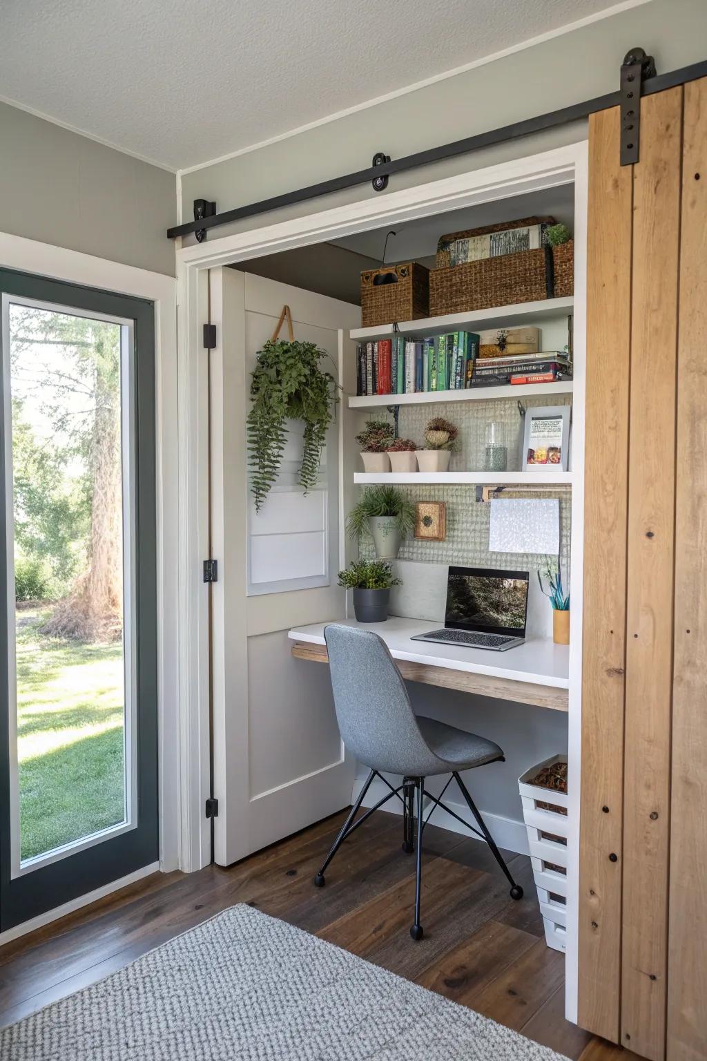 A closet can be transformed into a practical and discreet office space.