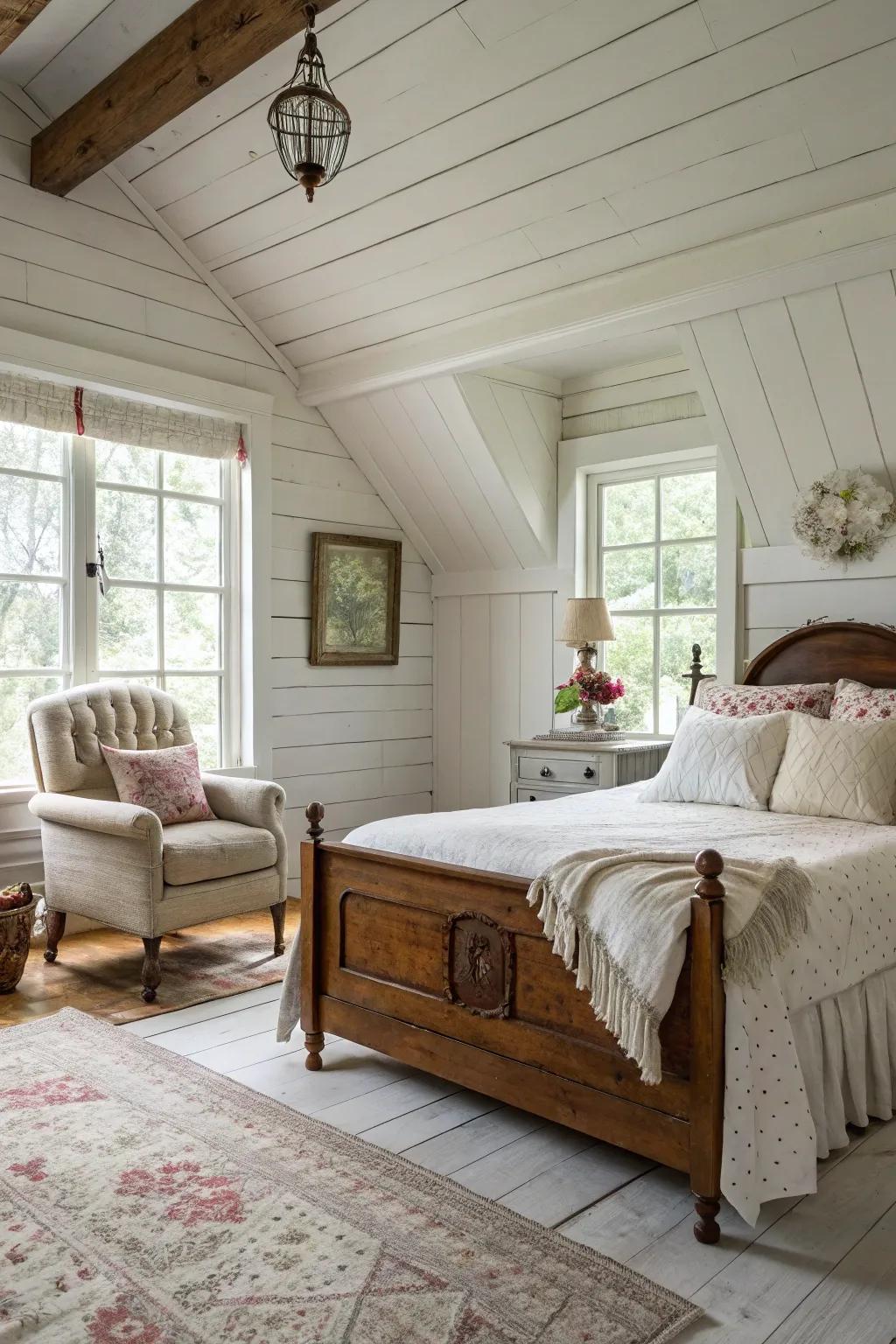 White shiplap walls evoke a snug cabin atmosphere.
