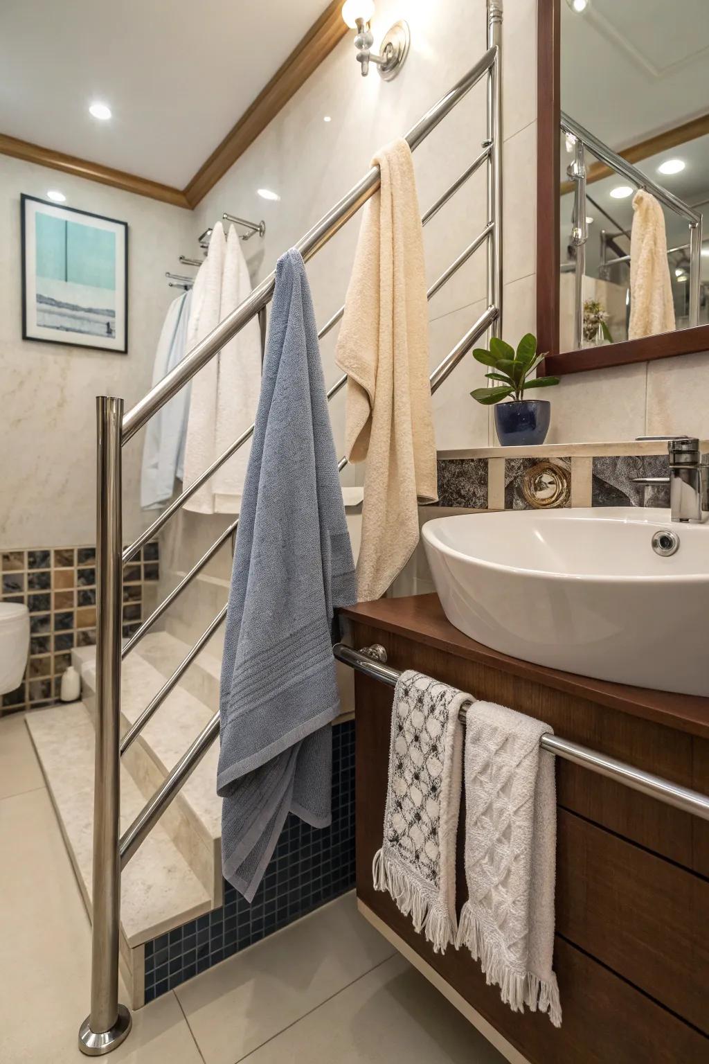 Railing systems allow for custom and flexible towel arrangements.