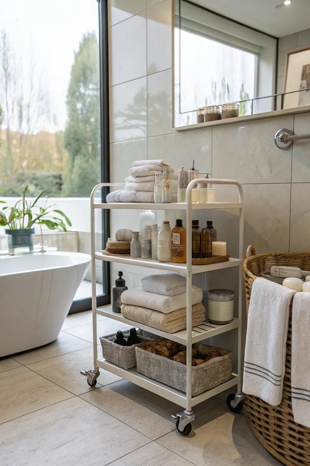 A rolling cart offers flexible towel storage.