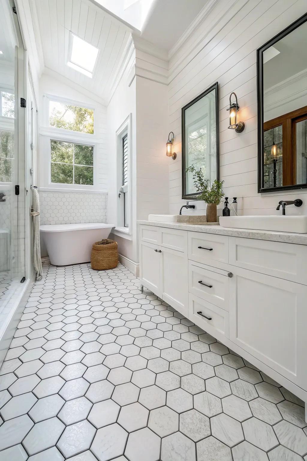 A white bathroom designed with polygonal tile flooring for enhanced visual interest.